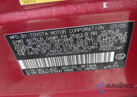 2006 Lexus Gs 300 z USA, uszkodzony, nr VIN JTHCH96S460009567